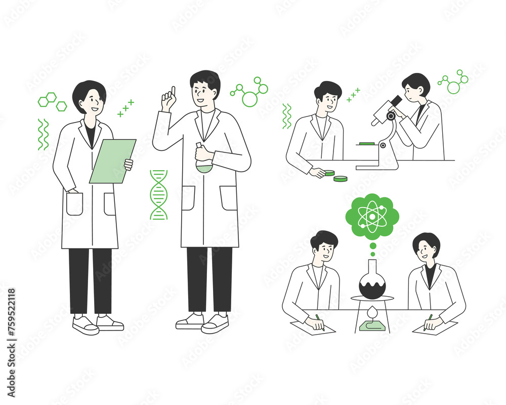 Scientists in white gowns are doing research with laboratory equipment. flat design style vector illustration.