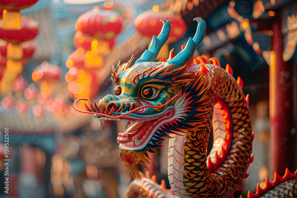 Fototapeta premium Celebration of Chinese New Year in China Town with dragon and red paper lanterns