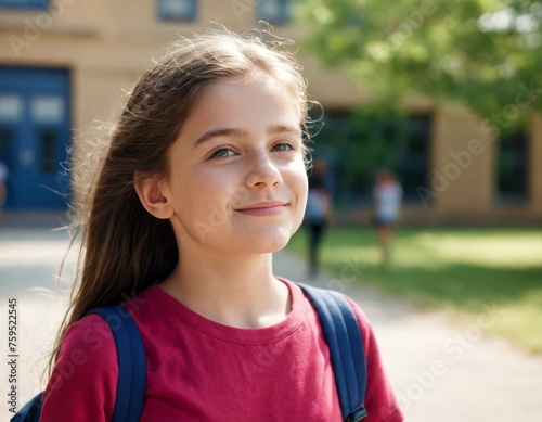 A girl wearing a pink shirt and blue backpack is smiling. She is standing in front of a school © orelphoto