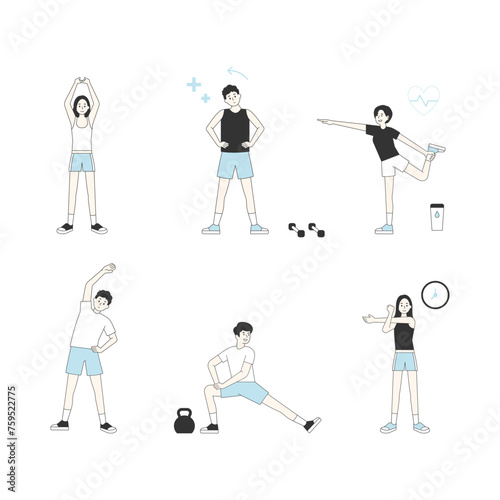 People character exercising. People are doing warm-up exercises in various movements. flat design style minimal vector illustration.