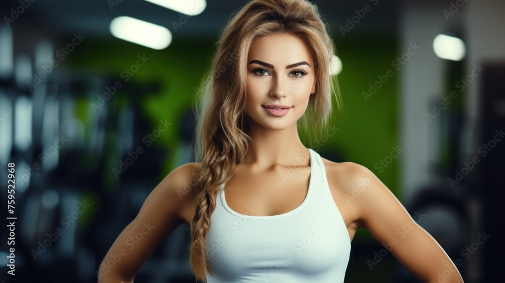 Sporty beautiful young blonde female fitness trainer smiling in the gym
