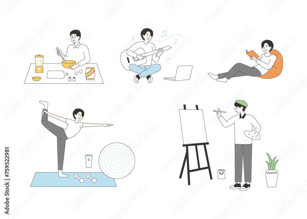 People who do hobbies. People who cook, play guitar, read books, do yoga, and draw. flat design style minimal vector illustration.