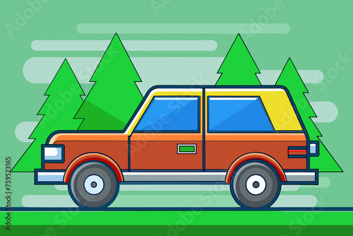 An adorable SUV parked amidst a verdant forest, exuding a sense of adventure and tranquility.