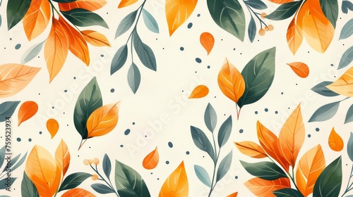 Green and Orange Floral Pattern with Green Leaf  Botanical Nature Background Illustration