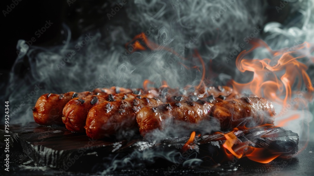 Grilled sausages with fire and smoke on a dark background, Grilled sausages with fire and smoke on a dark background,
