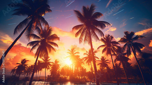 a group of palm trees in front of a sunset