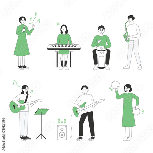 Young musicians playing various instruments such as keyboard  tambourine  trumpet  djembe  guitar flat design style minimal vector illustration.