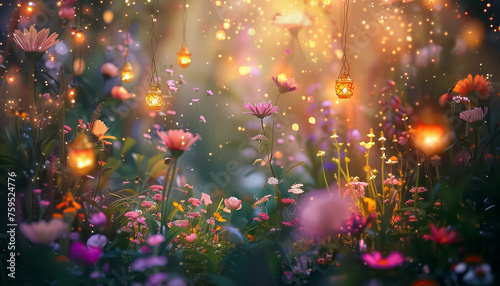 Two fairies are dancing in a forest with flowers and lanterns © terra.incognita