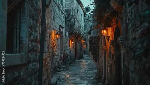 A dark alleyway with a street lamp in the middle