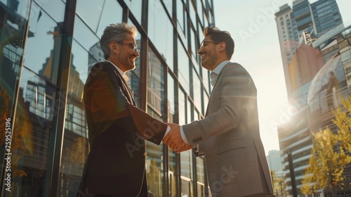 Businessmen shaking hands in a sunny urban setting.