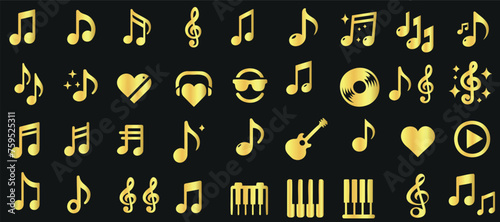 Golden music notes and symbols, musical note including treble and bass clefs, on a black background. Perfect for music, melody, sound, harmony themed graphic and web design
