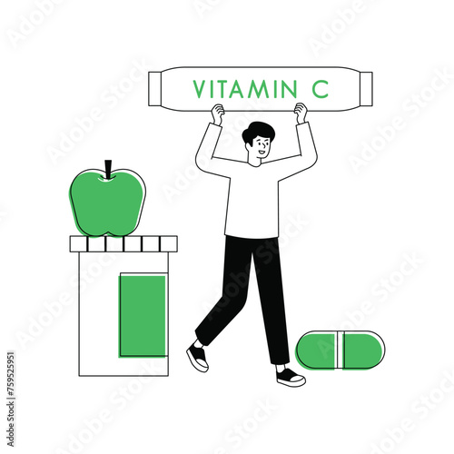 Web page banner promoting vitamins. People are holding large vitamin pills and collecting them in vitamin barrels. Food is decorated around.