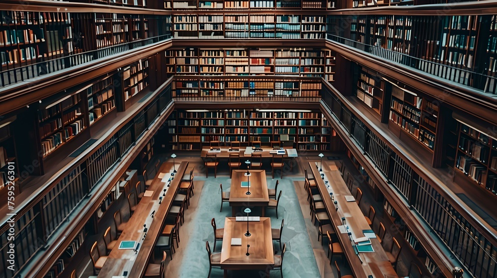 Vast library interior with rows of books. quiet study area captured in warm light. traditional learning environment. archive aesthetics. peaceful academic setting. AI