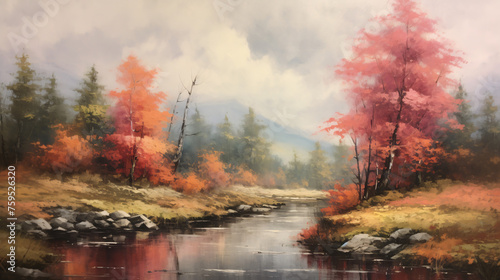 Vintage oil painting of autumn landscape ..