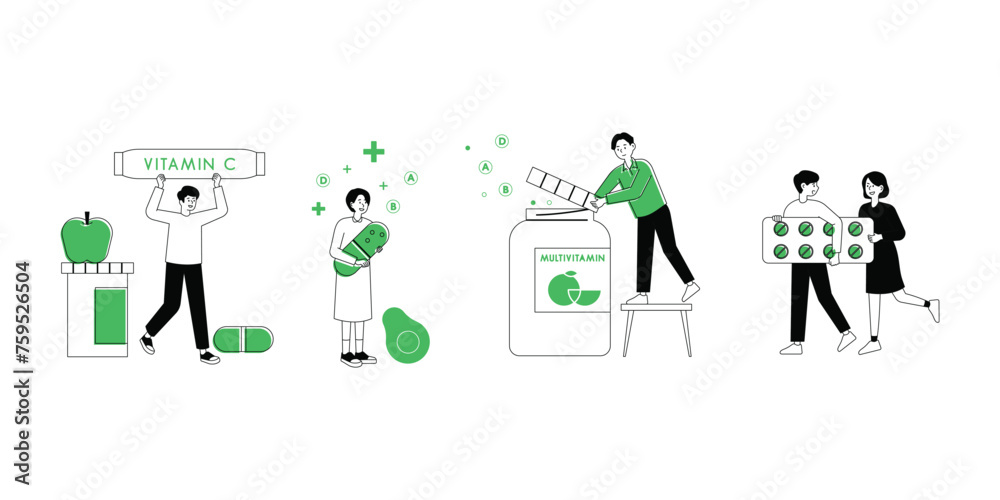 Web page banner promoting vitamins. People are holding large vitamin pills and collecting them in vitamin barrels. Food is decorated around. Web page banner promoting vitamins. People are holding large vitamin pills and collecting them in vitamin barrels. Food is decorated around.