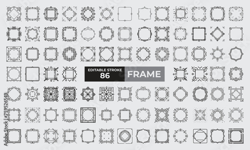 86 Set of simple Frame Icon Vector editable Line Icons. Contains such Icons as Floral frame, Decorative frame, Decorative vintage frames, borders set, photo frame, Vector design, decoration border, R