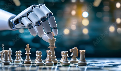 Closeup of hand of AI robot playing chess