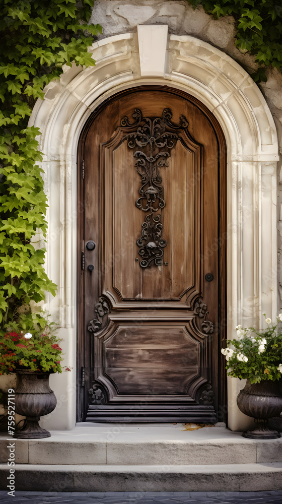 The Aesthetically Pleasing, Antiquated, Ornately Carved, Wooden Door amidst Stone Wall with Historical Significance