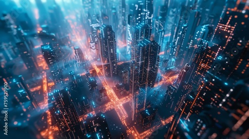 Cybernetic Cityscape at Night, Suitable for Futuristic Urban Design Concepts