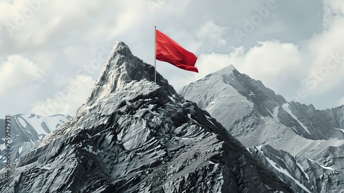 Red flag waving on the peak of a snowy mountain, symbolizing achievement and adventure. majestic landscape, ideal for inspirational content. AI