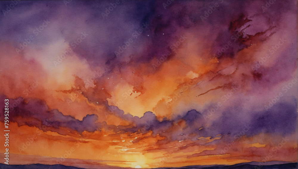 Vibrant abstract watercolor painting capturing the essence of a sunset sky, blending shades of orange and purple for a mesmerizing effect.
