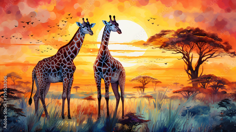 Watercolor Painting  Wild Giraffe and Elephant