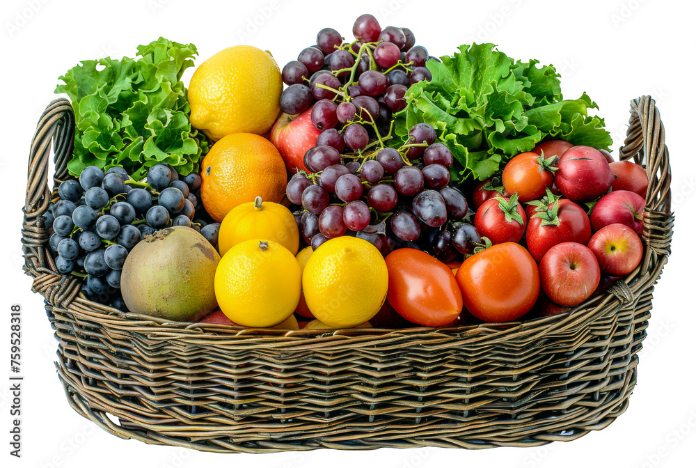 Wicker basket brimming with colorful vegetables and fruits, cut out - stock png. Wicker basket brimming with colorful vegetables and fruits, cut out - stock png.
