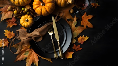 Ajuste de la tabla en el día de acción de gracias decorado con calabaza y hojas de colores sobre una  photo