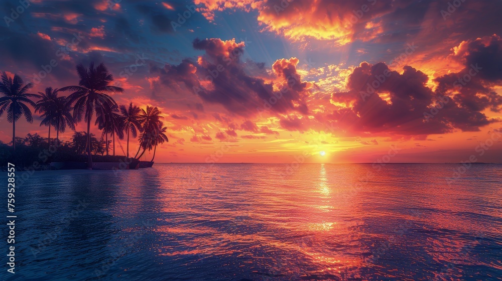 Majestic Sunset Over Ocean With Palm Trees