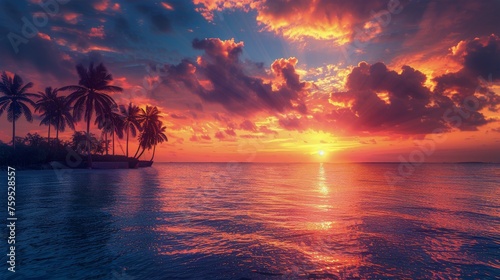 Majestic Sunset Over Ocean With Palm Trees