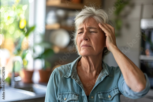 Dizziness or headache of Caucasian senior woman. photo