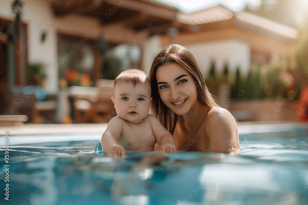 Beautiful Caucasian young mother and her baby in the swimming pool.