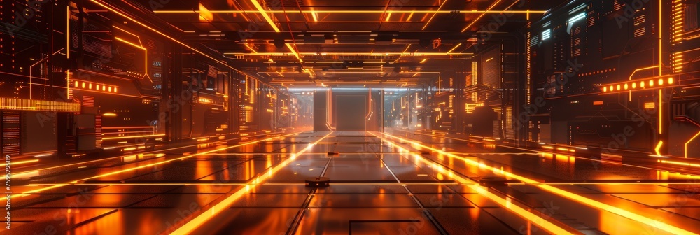 Empty cyber hall with glowing orange neon lights and dark, futuristic architecture