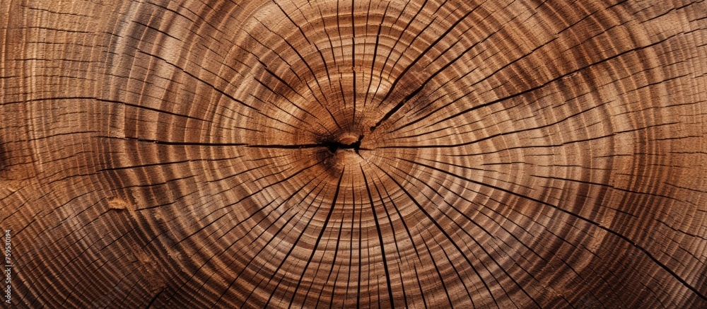 Fototapeta premium Closeup macro photography of a brown tree stump revealing the intricate patterns and symmetry of annual rings, showcasing the natural beauty of wood