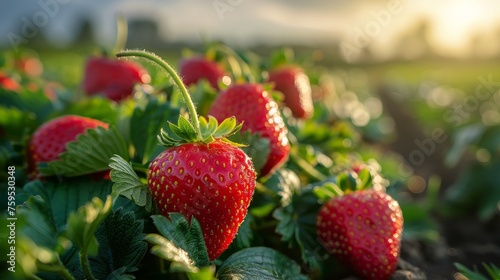 Group of Strawberries Growing in Field