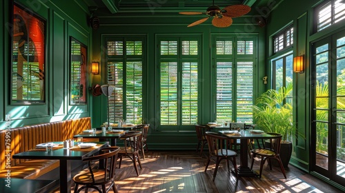 Restaurant With Green Walls and Wooden Tables