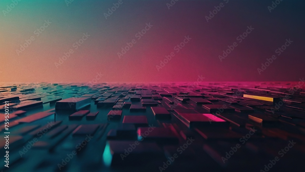 Fototapeta premium This abstract artwork evokes retro vibes through vibrant gradients and textured layers. Its modern, abstract background integrates various shapes and photographic elements with grain effects.