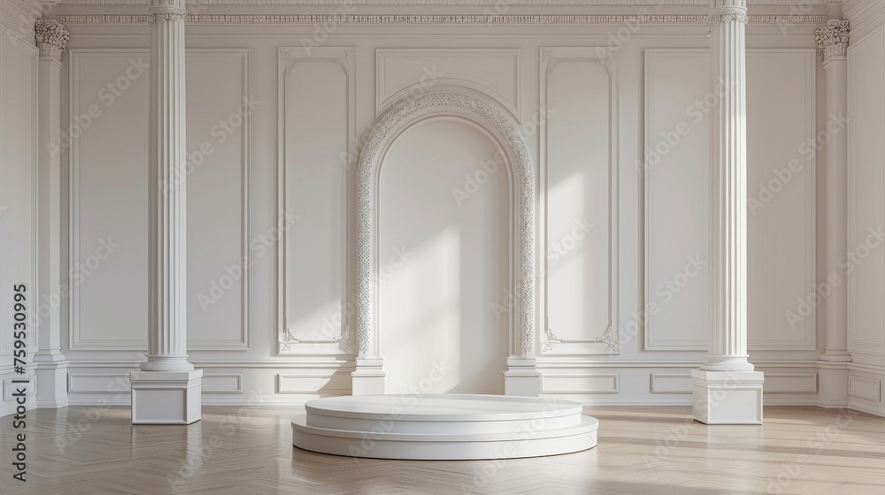 White Wainscoting Podium Mockup, Front View Product Display in Elegant Hall