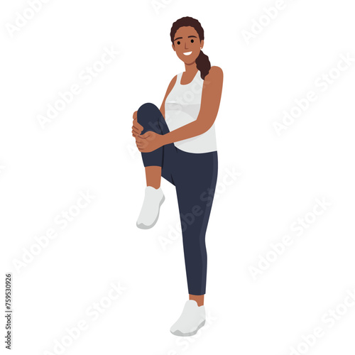 Young woman stretching exercises holding her front knee and warmin up. Prepare for workout or for run. Flat vector illustration isolated on white background