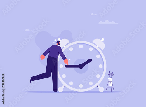 Deadline and time management concept, businessman trying to stop the time or pushed the time back. fights with an alarm clock