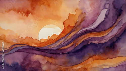 Sunset-inspired watercolor background with abstract swirls of orange and purple  evoking the beauty of dusk.