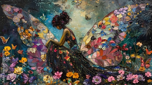 In a lush garden teeming with life, a large and stunningly beautiful fairy with iridescent wings sits gracefully amidst a riot of colorful flowers.   © Fatima