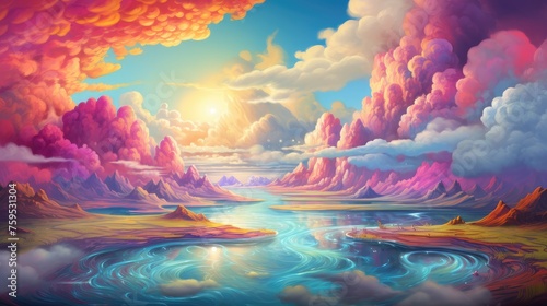surreal colorful landscape with dreamy clouds