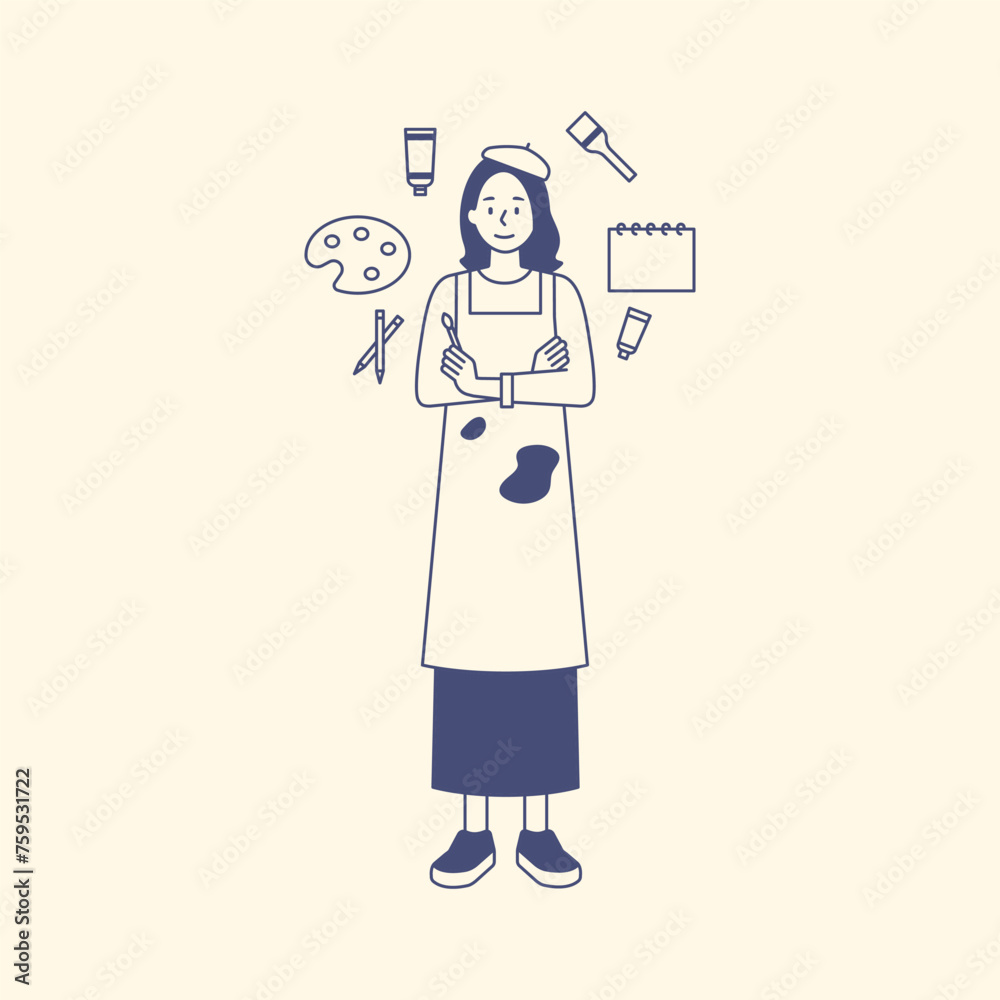People are standing with hobby items in their hands. Icons are floating around. outline simple vector illustration. People are standing with hobby items in their hands. Icons are floating around. outline simple vector illustration.
