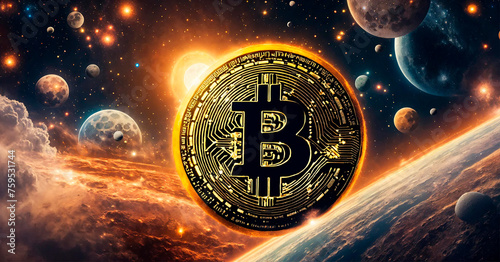 Bitcoin flying to the moon. Bitcoin with cosmic space background full of stars, planets, and a bright nebula. vast potential and futuristic aspect of cryptocurrency 
