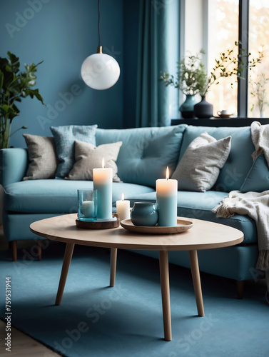 Wallpaper Mural Behagliches skandinavisches Wohnzimmer mit Kerzen auf einem Couchtisch vor einem blauen Sofa Torontodigital.ca