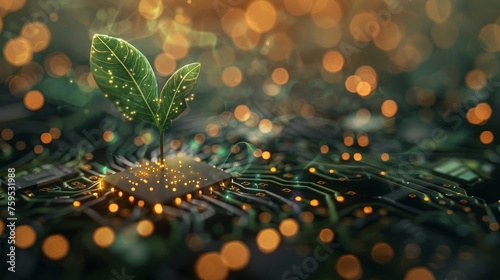 Glowing plant growing on computer chip representing digital ecology business