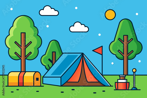 cartoon  illustration  summer  camping  trip  forest  sky  blue  bright  tall  tree  green  tent  pitched  grass  field  nature  adventure  outdoor  activity  holiday  vacation  travel  weekend  getaw