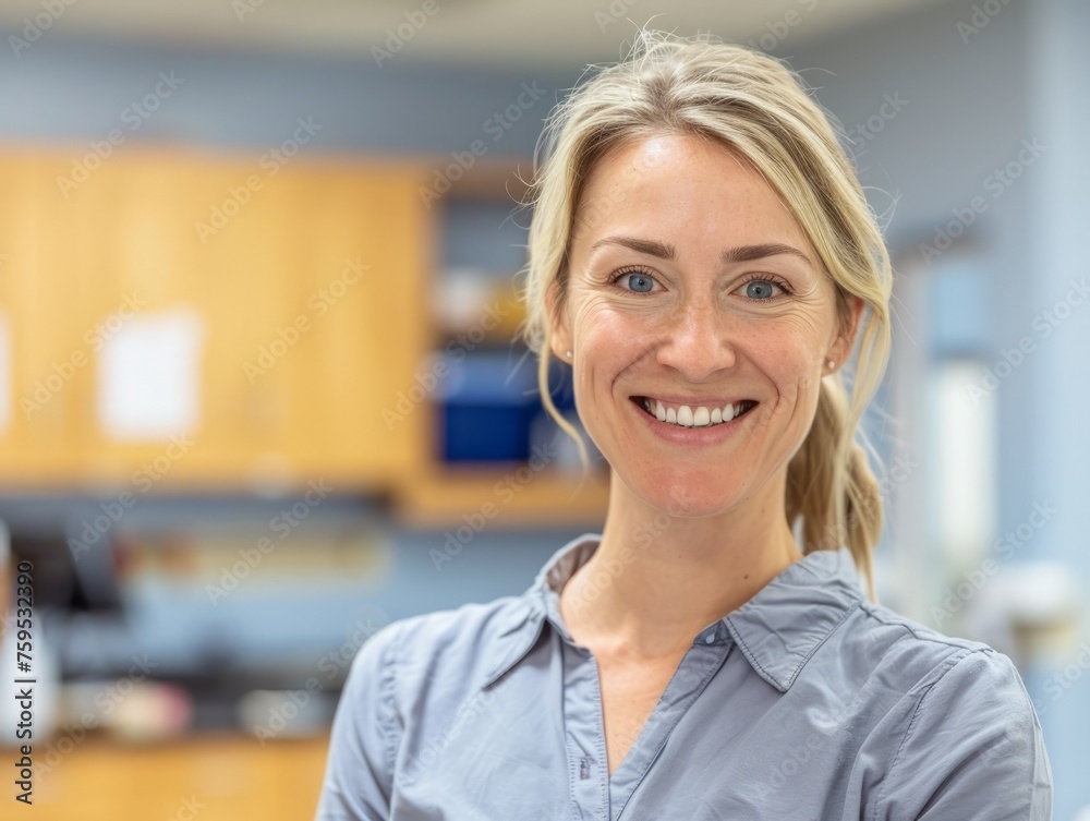 Smiling white young female teacher with blue eyes and blond hair stands in a school classroom looking at the camera against the background of desks and classroom furniture Smiling white young female teacher with blue eyes and blond hair stands in a school classroom looking at the camera against the background of desks and classroom furniture