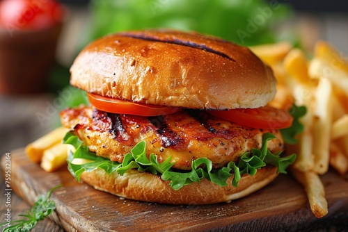 Savory chicken sandwich paired with crispy fries.